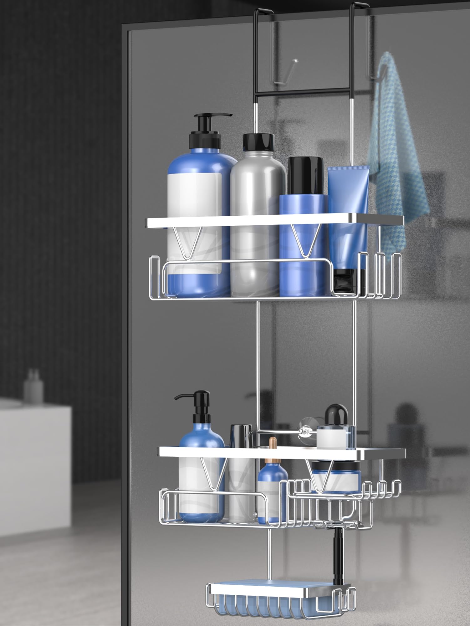 KEGII Hanging Shower Caddy - Over Door Storage Rack, Stainless Steel Organiser, No Drilling Shelf