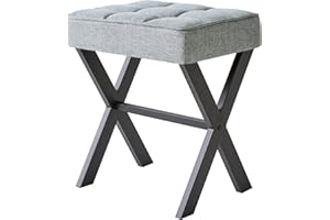IBUYKE Square Makeup Stool with X-Leg Foot Rest, Linen Footrest, Ottoman Seat, Multi-Use as Small Side Table, for Bedroom, Living Room, Blue Gray LG-70L