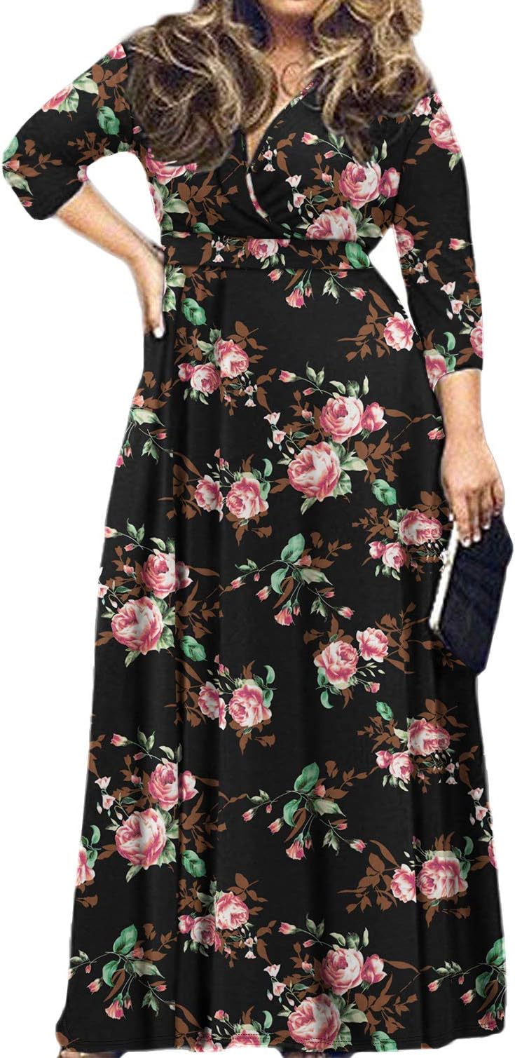 POSESHE Women's Solid V-Neck 3/4 Sleeve Plus Size Evening Party Maxi Dress