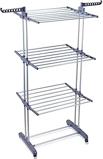 Voilamart Edelstahl Turmwäscheständer Wäschetrockner mit 4 Rollen,rausnehmbaren faltbar 3 Ablagen Kleiderständer Trockenregalen Trockenständer Wäscheständer mit 2 Flügel für Duschkabine