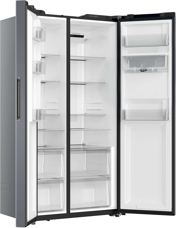 CNSQ2T918EWX, frigorífico lado a lado, 91cm de largura, capacidade de 523L, motor inversor, total sem gelo, dispensador de água, 2 gavetas para legumes, controlo digital interno, iluminação LED, 37DB, Inox