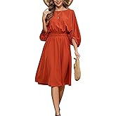Kormei Womens Crew Neck 3/4 Lantern Sleeve Casual Loose Summer Dresses Elastic Waist A-Line Flowy Midi Dress