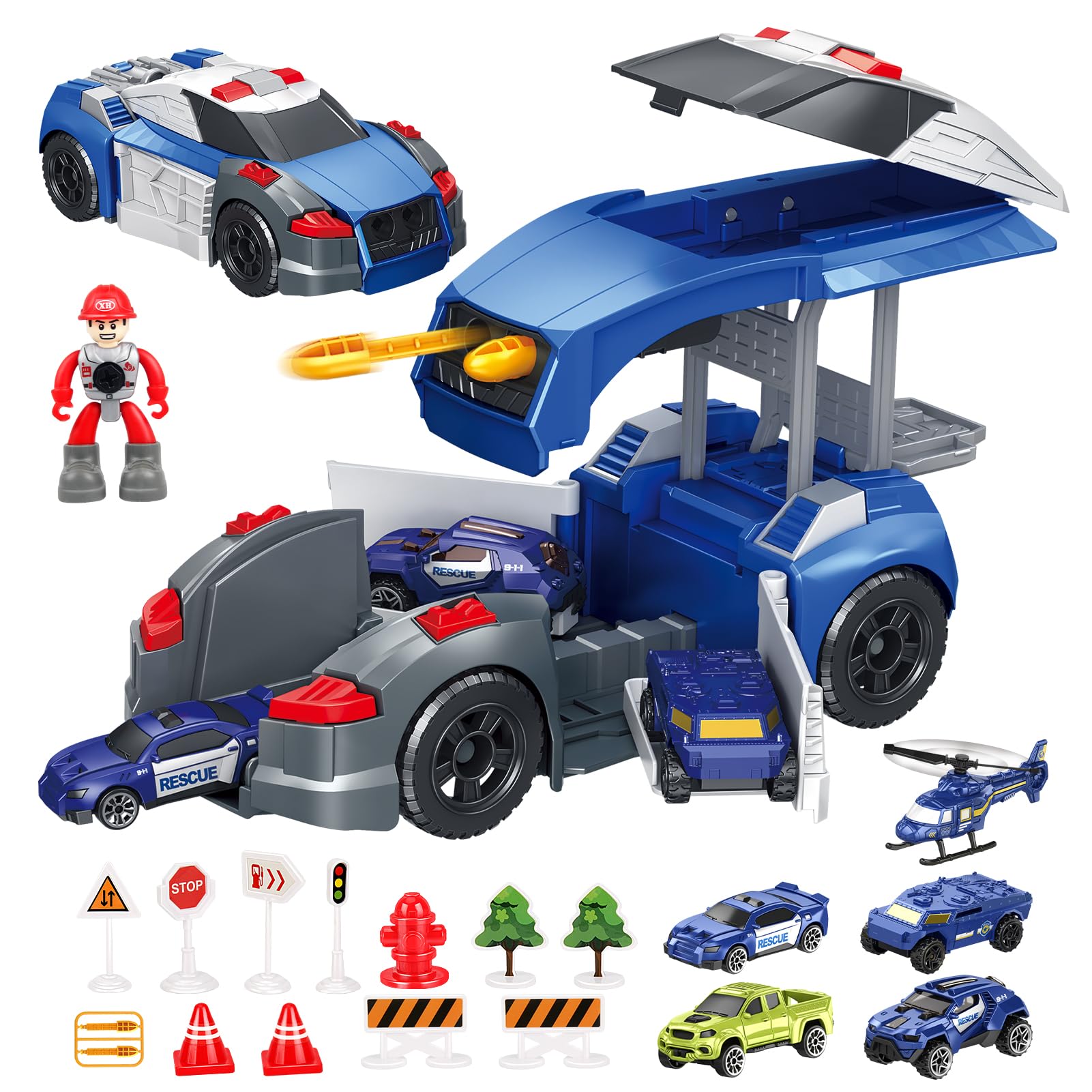 Transport Police Car with 4 Cars and Helicopter,Toys for Boys 3 4 5 Year Olds,Toy Cars for 2-6 Year Olds Kids Toddler Birthday Gifts