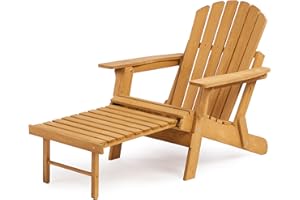 SOLIWOOD Oversized Outdoor Wooden Folding Adirondack Chair with Retractable Ottoman, Wood Patio Chair with Footrest for Garden Backyard Porch Pool Deck Firepit