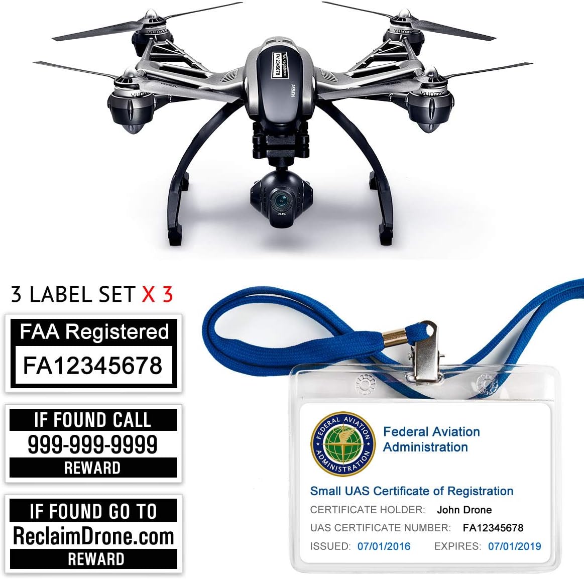 Yuneec Typhoon Q500 | 4K - FAA Drone Labels (3 Sets of 3) + FAA UAS Registration ID Card for Hobbyist Pilots + Lanyard and ID Card Holder