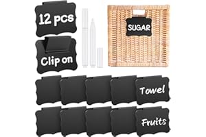 NIUBIER 12 Pcs Basket Labels for Storage Bins, Black Removable Bin Labels with White Chalk Markers, Reusable Clip On, Erasable Basket Tags for Fabric Storage, Pantry, Organization Box