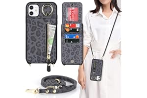DEYHU iPhone 11 Wallet case for Women, iPhone 11 Crossbody case with Strap Credit Card Slots with Kickstand Zipper Shockproof Case for iPhone 11 Card Holder case - Black Leopard