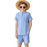 Arshiner Boy's 2 Pieces Linen Sets Short Sleeve Henley Shirt and Shorts Summer Beach Matching Outfits 4-12 Years