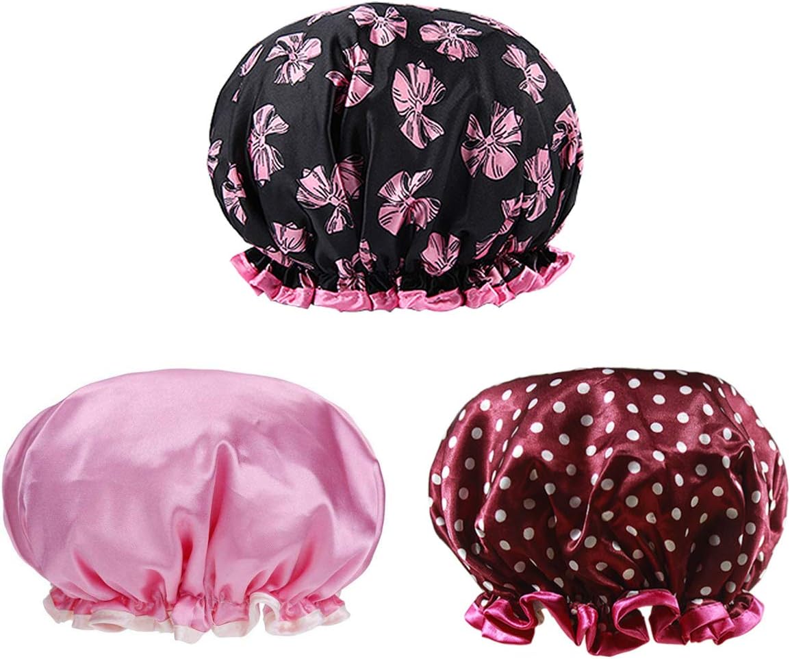 Dokpav 3 Packs Double Layer Shower Caps Waterproof Elastic Band Bath Caps for Girls Women Shower Spa Salon