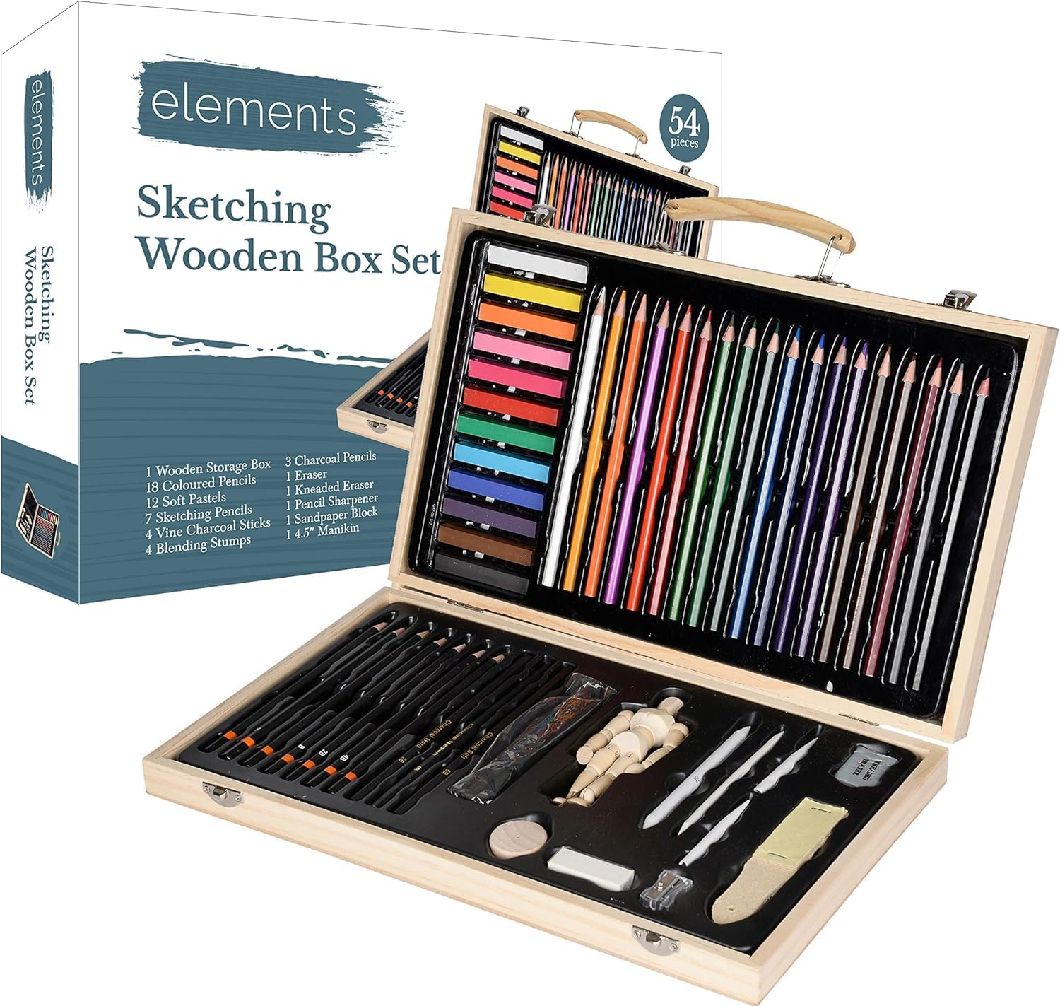 Elements Wooden Art Set with Mannequin – 118 Piece Complete Artist Set for Drawing, Painting and Sketching – Professional Art Kit for Adults with Paints, Pencils, Pastels and Brushes in Wooden Case