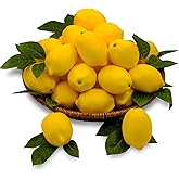 DONOTGO 20Pcs Fake Lemons Artificial Fruits with 25 Leaves Faux Yellow Lifelike Plastic Lemon Decorations Realistic Limes Fruit Decor for Home Kitchen Table Cabinet Holiday Party Photography Props
