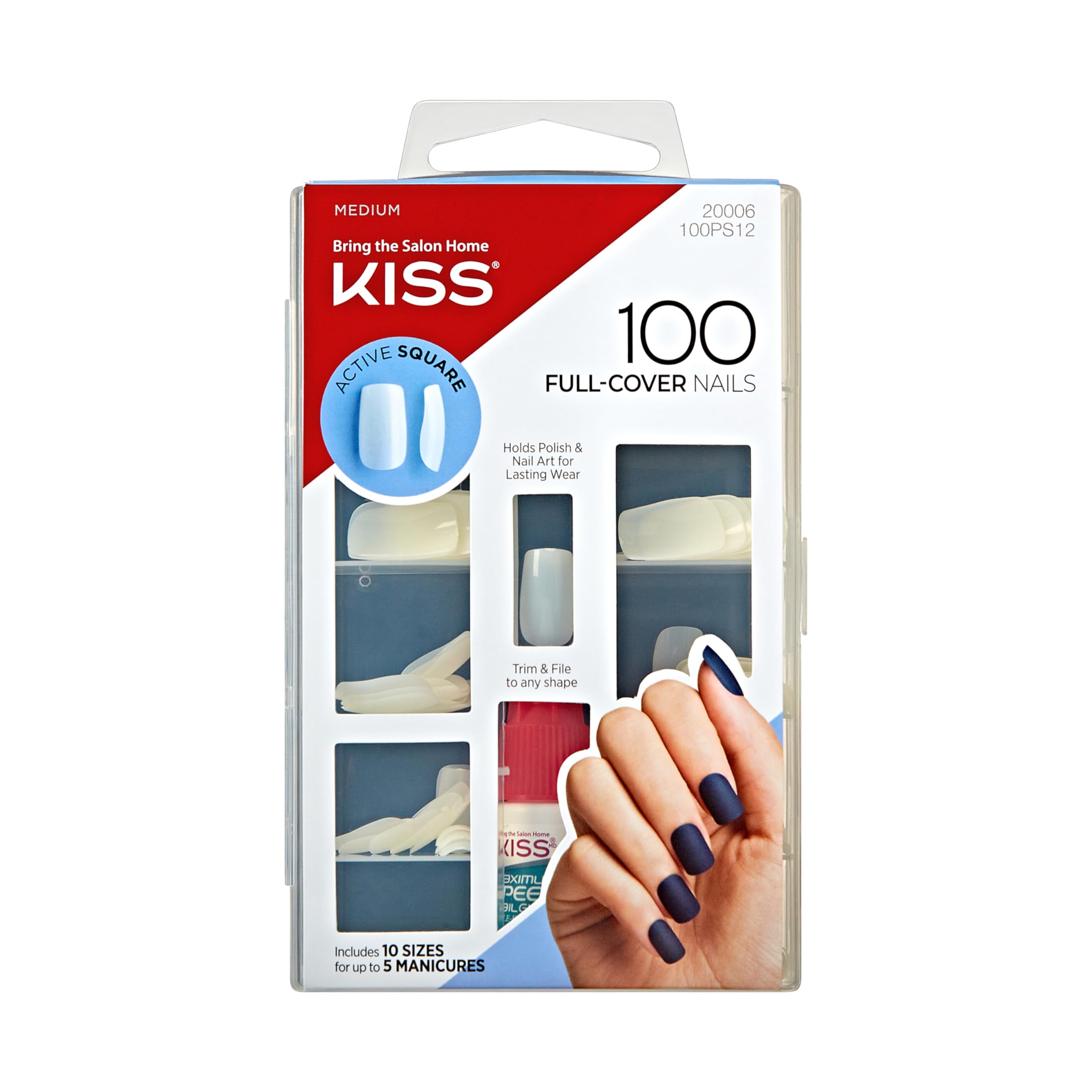 KISS 200 Full-Cover Manicure Kit, Medium Length Active Square Fake Nails, Longer Lasting, 10 Sizes with Maximum Speed Nail Glue