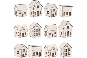 Hiboom 12 Pcs DIY Christmas Village Sets Wood Village Houses Christmas Mini Wooden House Gift for Winter Xmas Party Decorations