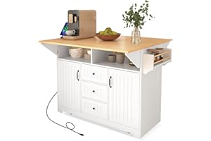 Merax 55.7'' Kitchen Island with Drop Leaves and Storage, Rolling Kitchen Cart with Power Outlet, 3 Drawers, Spice Rack, Towe