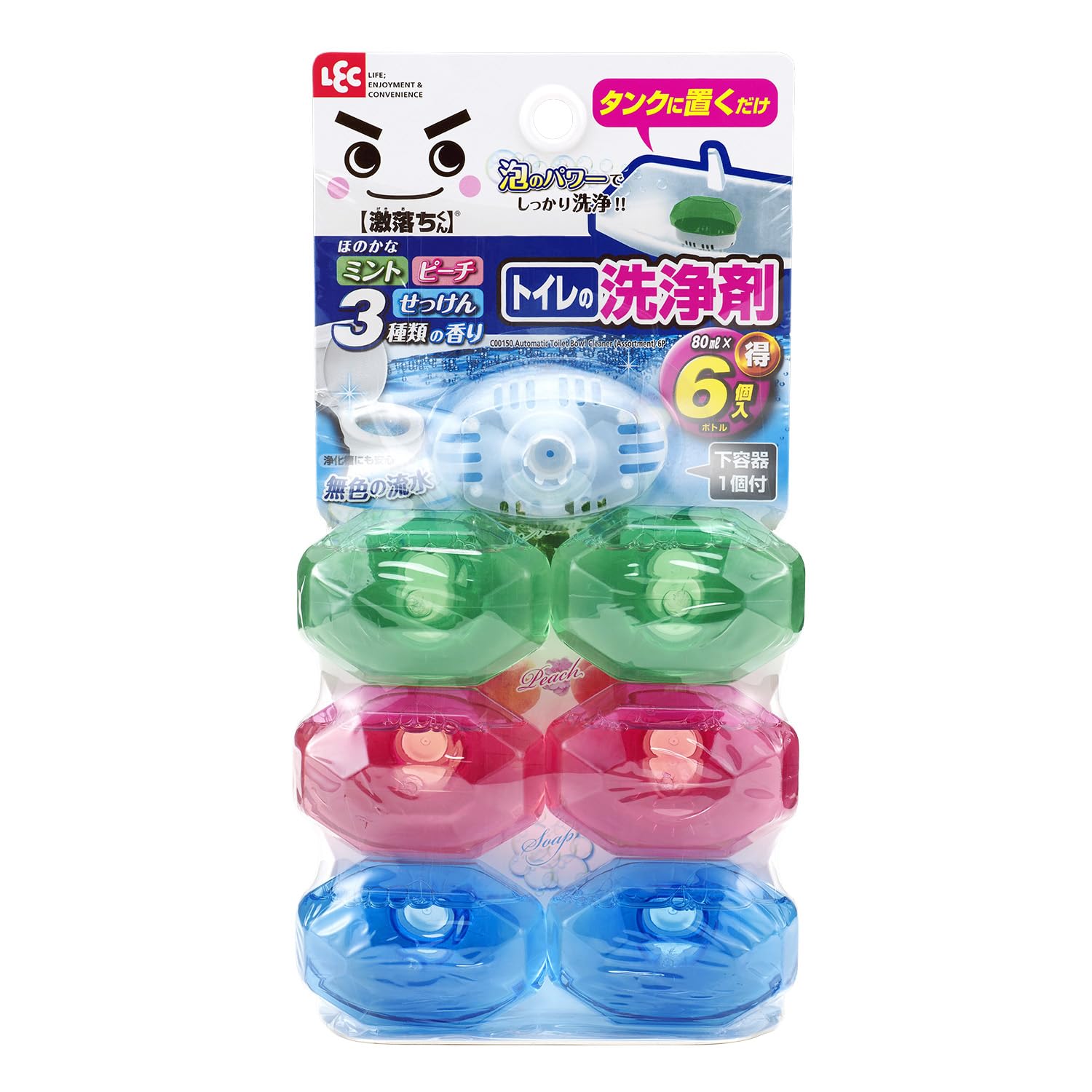 激落ちくん レック(LEC) タンクにポン トイレの洗浄剤 80ml (本体+ボトル6個付き) ミント・ピーチ・せっけん 3種の香りアソート 無色商品画像