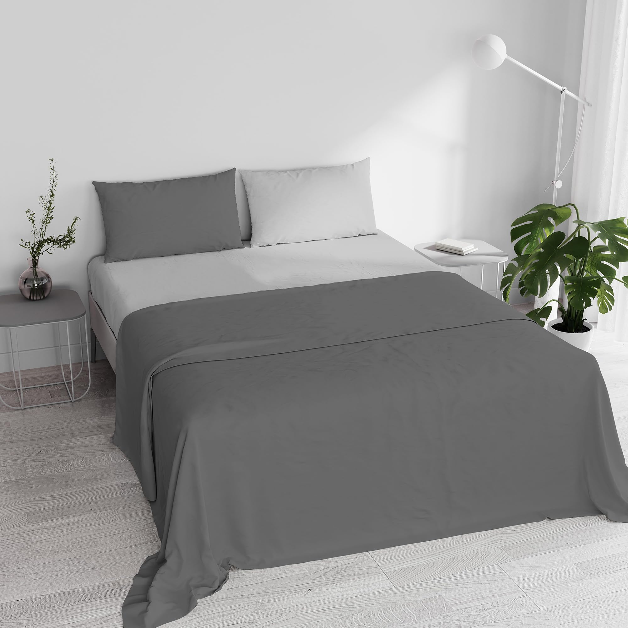 Italian Bed Linen Natural Color Cotton Bed Set, Made in Italy, Double, Dark Grey/Light Grey