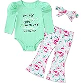 grehava Baby Girl Romper Set and Bell Bottom Pant with Bow Headband Infant Fall Outfit 6-18 Month