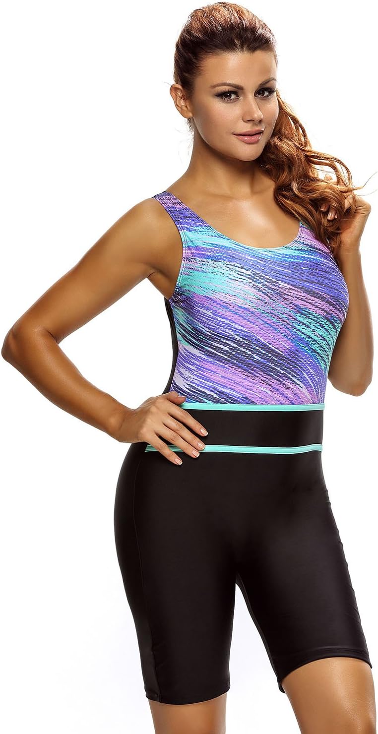 Women's Color Block Print Athletic Boy-Leg One Piece Swimsuit Plus Size Swimwear