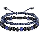 CARITATE Black Beaded Bracelets for Men Boys: 6mm Obsidian Onyx Lava Beads Mens Bracelet Set Mens Jewelry - Cool Anniversary Valentines Fathers Birthday Gifts for Him Boyfriend Husband Man Son Dad