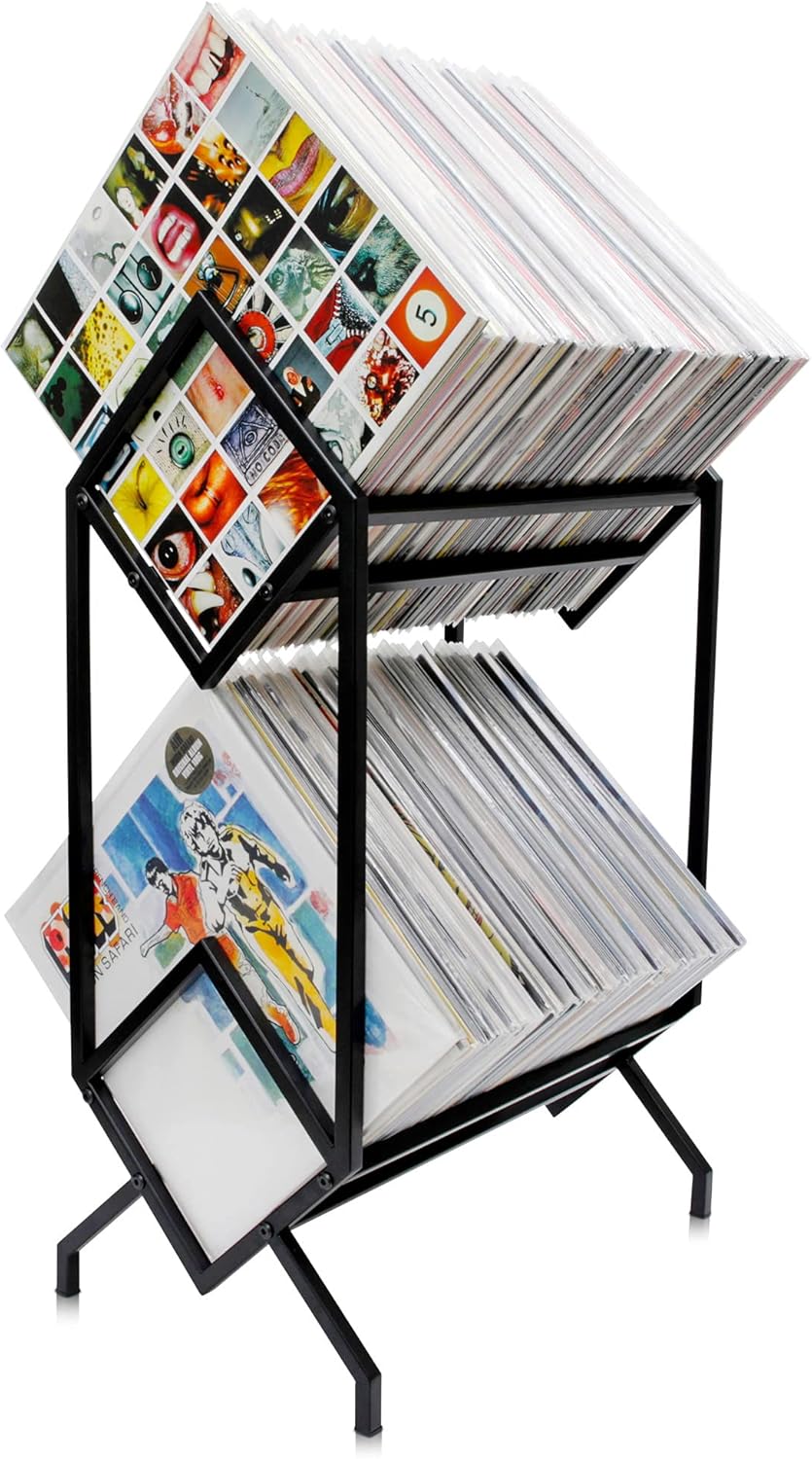 KRONNDORF Vinyl Record Storage Rack, Black - Holds 200 Vinyls, Modern 2 Tier Small Book Shelf Organizer for Small Spaces, Sturdy Records Holder for LP Albums, Narrow Metal Freestanding Display Stand