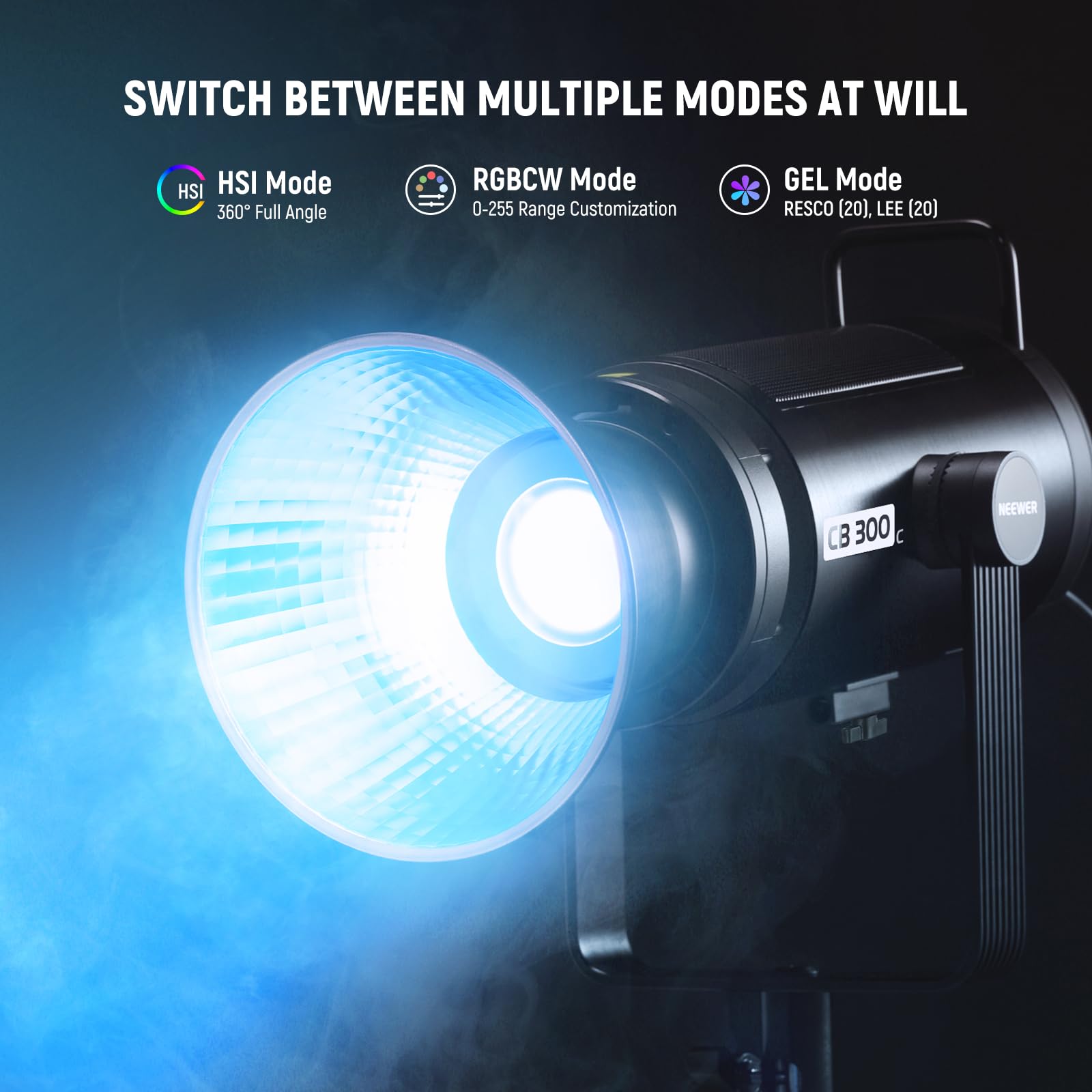 NEEWER CB 300C RGB LED Video Light with Reflector, 300W, APP/2.4G Control, 17 Scenes 29600Lux/1m 2500-7500K CRI97+/TLCI97+ Full Color Bowens COB Continuous Output Lighting Dimmable for Studio Filming