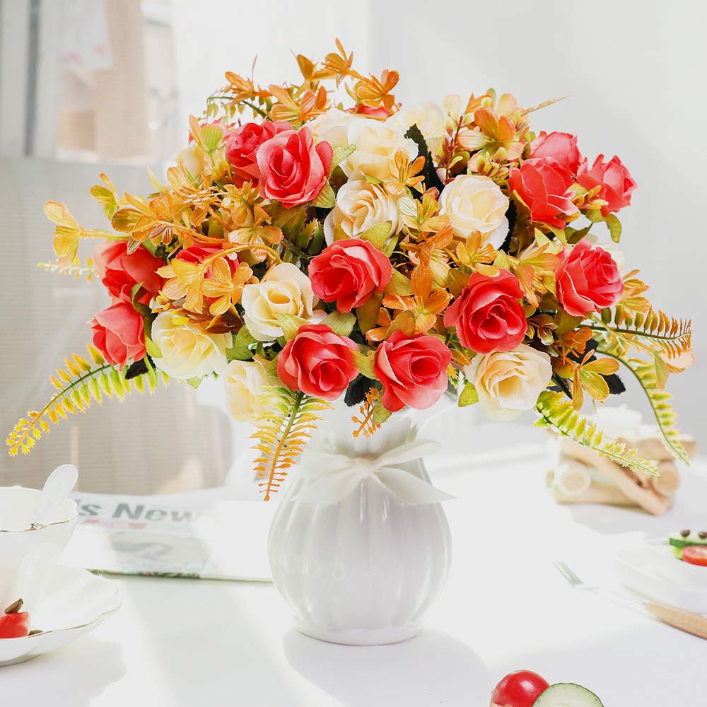 LESING Artificial Silk Rose with Vase Fake Flowers Wedding Flowers Bouquets Arrangement Home Office Party Centerpiece Table Decoration (Sunset-1)