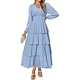 BerryGo Womens Flowy Maxi Dress Chiffon Long Sleeve Slit V Neck Casual Ruffle Tiered Boho Fall Wedding Guest Long Dress