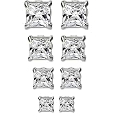 Jstyle Magnetic Earrings for Men Shiny Square CZ Stud Earrings 4 Pairs | Magnetic Stud Earrings for Men Women, Non Piercing Magnet Studs, 7-14MM Fake Earrings, with Extra Magnetic Backs