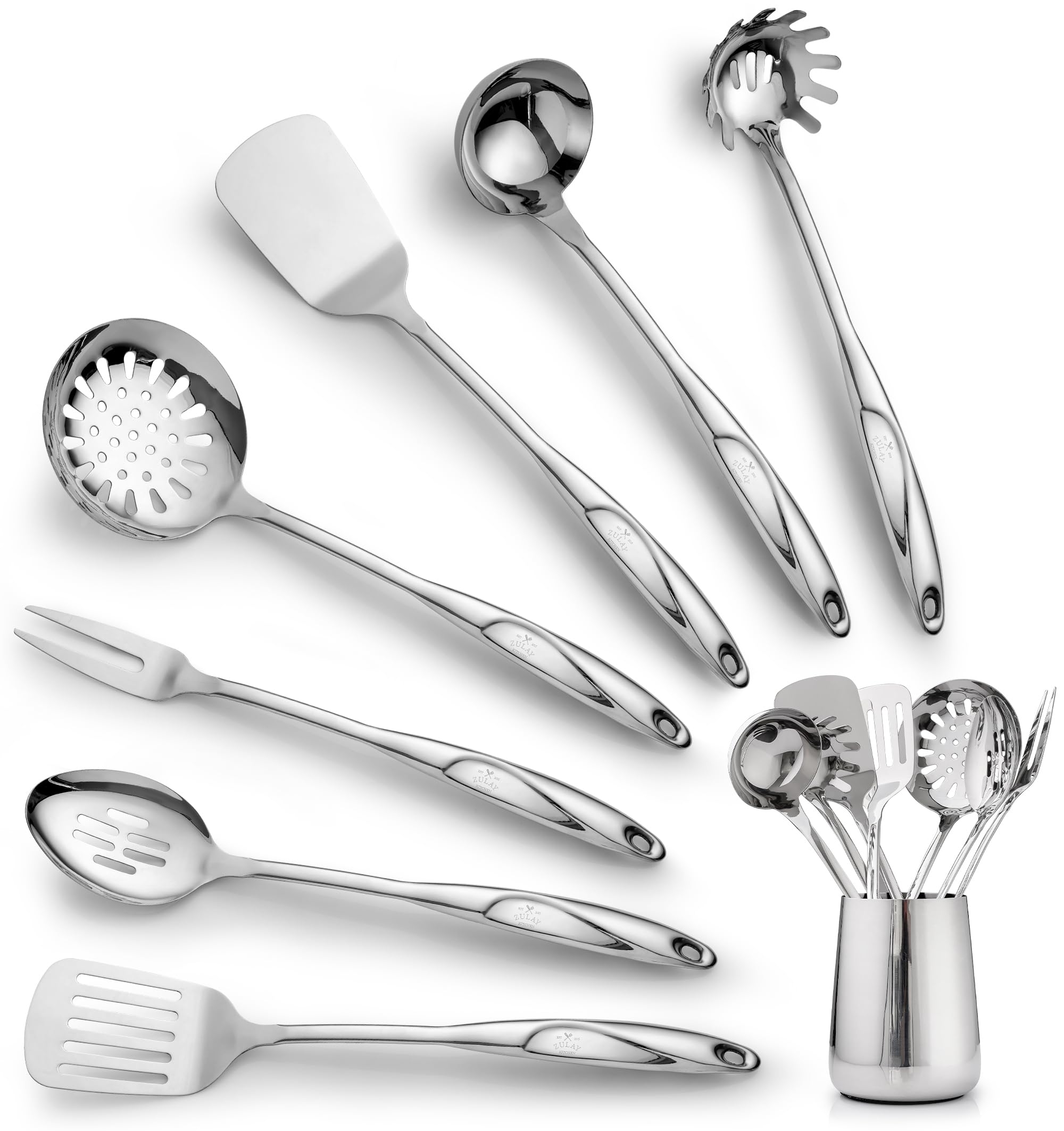 Zulay Kitchen Stainless Steel Cooking Utensil - Stainless Steel Kitchen Utensil - Durable Kitchen Gadgets - Metal Kitchen Accessories - Easy to Clean Kitchen Tools - 8 Piece Set Image