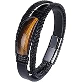 Mrcaois Mens Black Leather Obsidian/Turquoise/Tiger Eye/Red Agate Bracelet–Braided Multi‑Layer Wristband Cuff Bangle Bracelet with Stainless Steel Clasp Gift Jewelry Box Included-8.3in