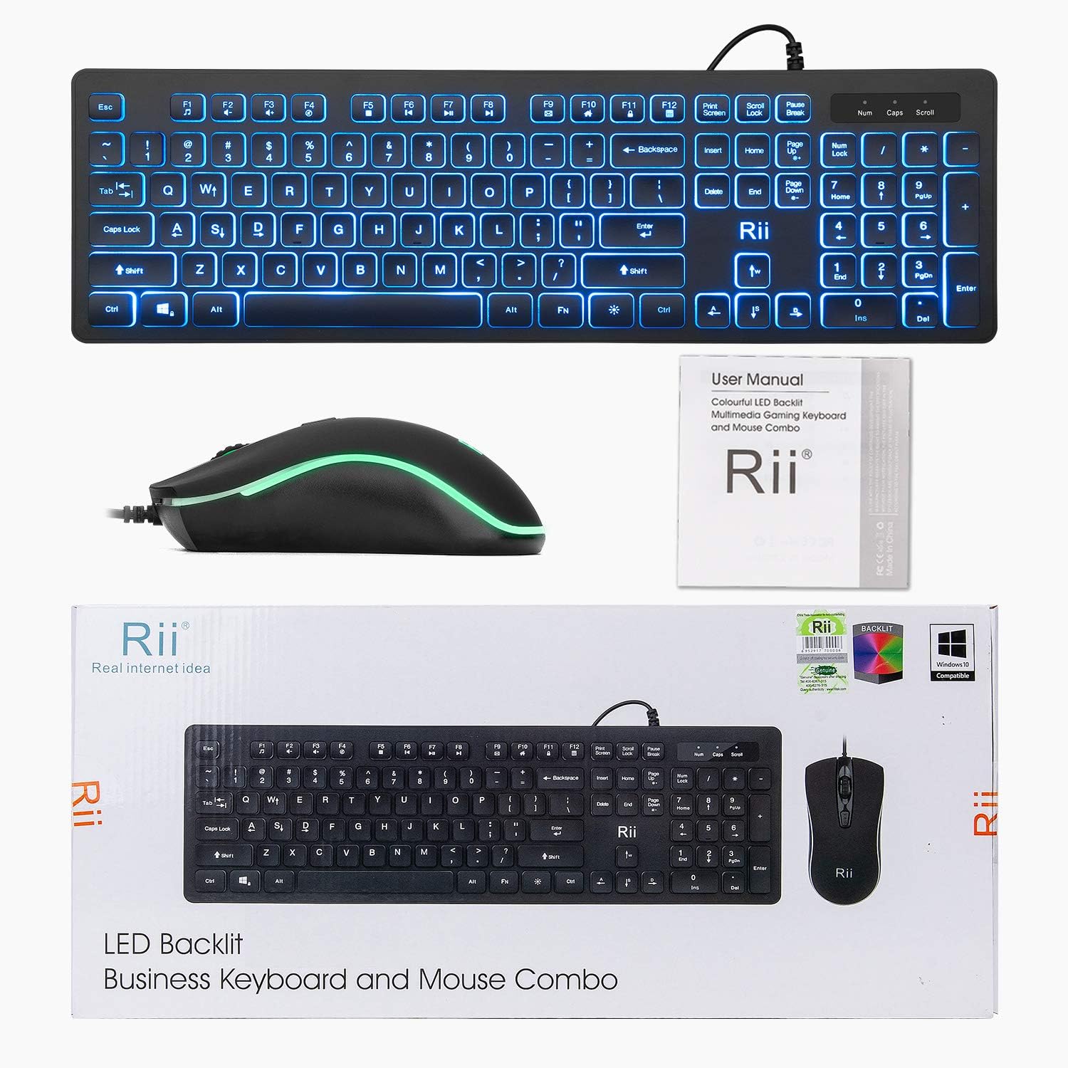 Rii Three Colors Backlit Business Keyboard,Gaming Keyboard and Mouse Combo,USB Wired Keyboard,RGB Optical Mouse for Gaming,Business Office: Computers & Accessories