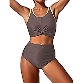 ZAFUL Womens High Waisted Bikini Sets Color Block Swimsuits Twist Front Push Up Bathing Suits