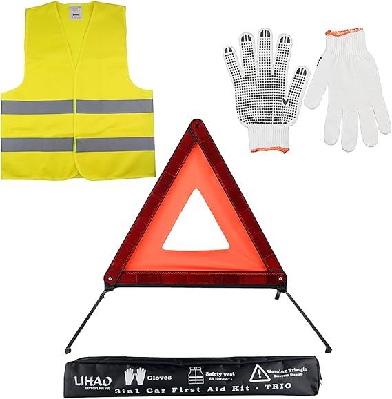 Amazon Lihao 三角停止板 コンパクト 三角表示板 反射ベスト付 折り畳み式 反射ベスト 軍手 3点救急セット コンパクトに収納可能 三角停止板 車 バイク