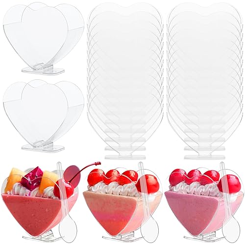 100 Pack Mini Plastic Heart Shaped Dessert Cups Set, 2.7 oz Parfait Cups with Spoons Disposable Clear Plastic Dessert Cups Appetizers Pudding Fruit Serve Cup for Valentine's Day Wedding Party