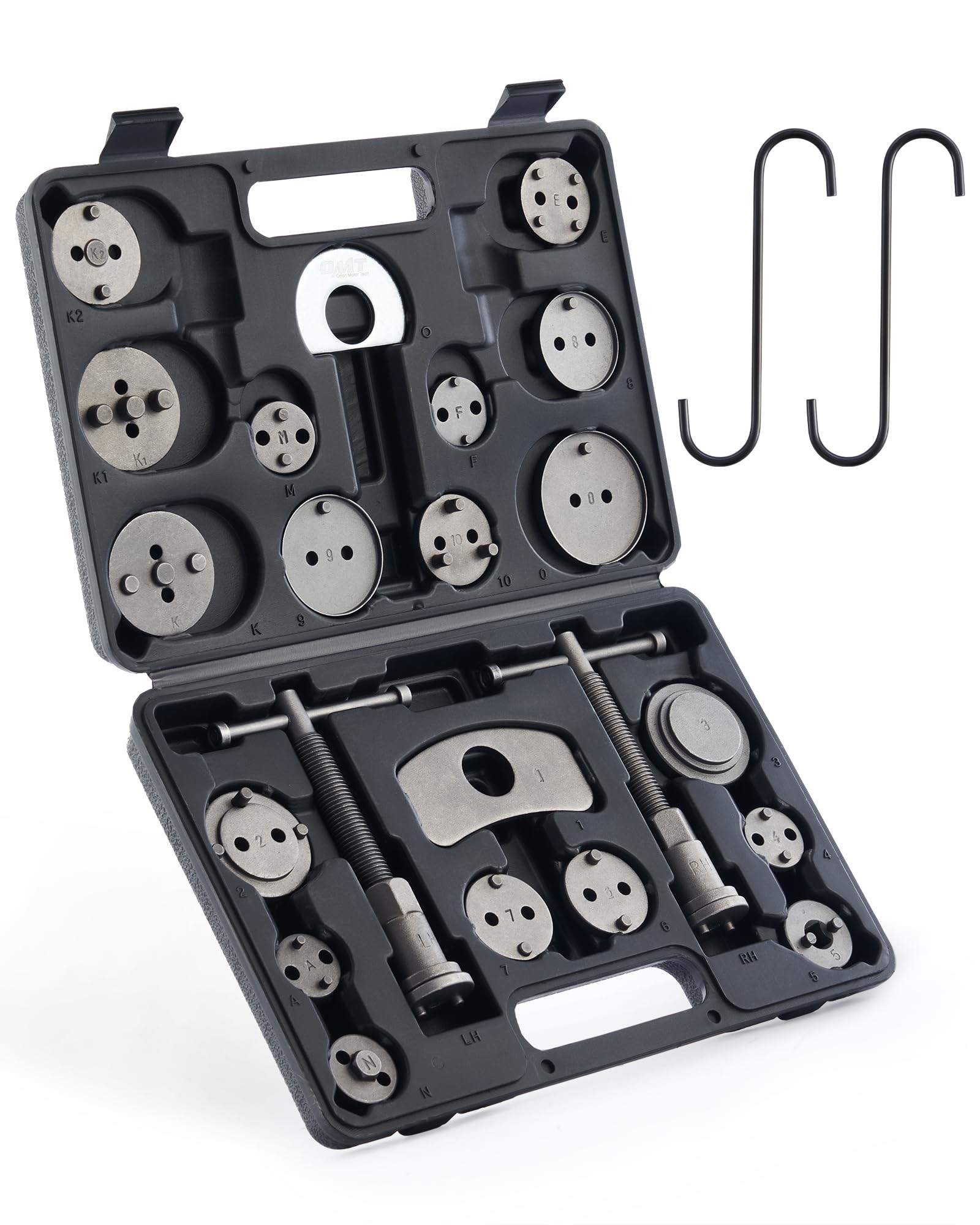 Photo 1 of Orion Motor Tech Brake Caliper Wind Back Tool Kit, 24pc Brake Caliper Compression Tool Set with Thrust Bolt Assemblies Retaining Plates Caliper Hangers 18 Disc Adapters, Caliper Tool with Case, Black