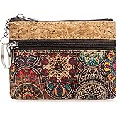 Eco-friendly Natural Cork Coin Purse, Boshiho Mini Coin Change Wallet Credit Card Holder Zipper Pouch Vegan Wallet with Key Ring Keychain