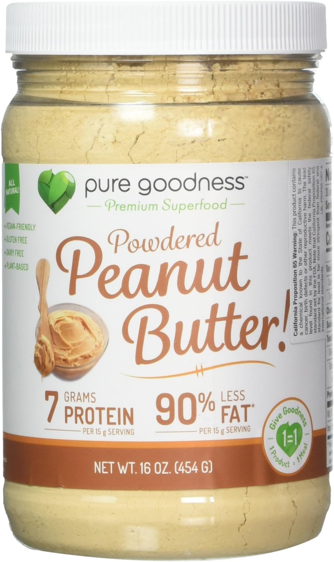 Pure Goodness Powdered Peanut Butter with 90% Less Fat, Dairy Free, 454 Gram