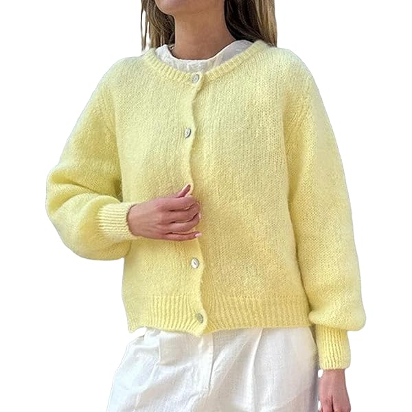 Kiluex Women's Cropped Knit Cardigan Long Sleeve Round Neck