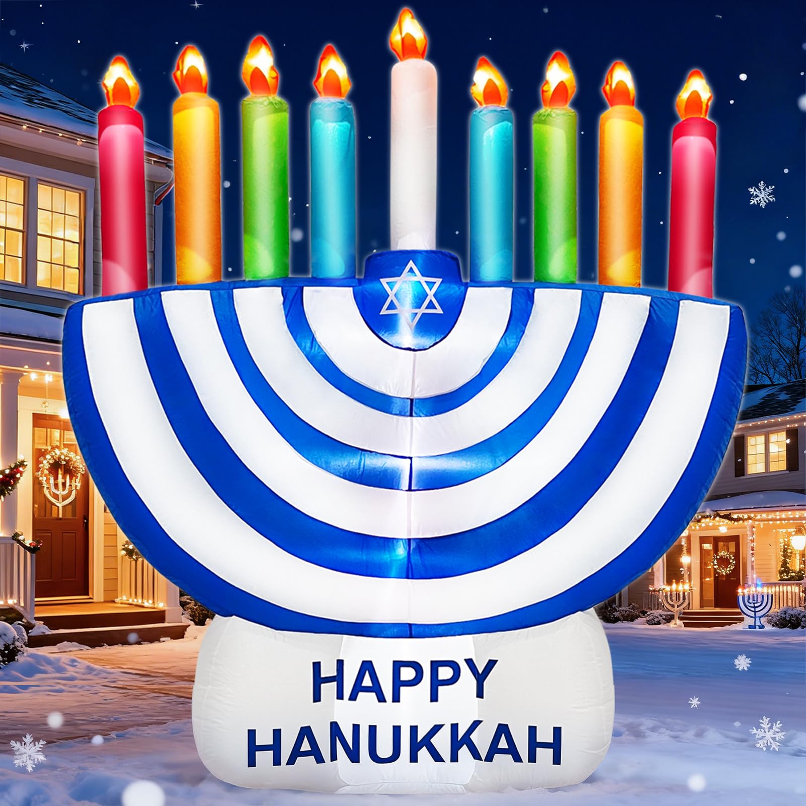 Photo 1 of TURNMEON 6 Foot Inflatable Hanukkah Menorah Decorations with LED Lights 6 Stakes 2 Tethers 2 Weight Bags Chanukkah Hanukkah Menorah Blow Up Decorations Outdoor Indoor Yard Garden Lawn Home Party