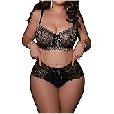 MakeMeChic Women's Plus Size 2 Piece Exotic Lingerie Set Bow Lace Sheer Scallop Matching Bra and Panty Sets