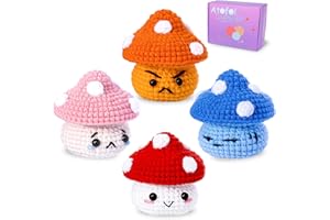 ATOFOI Crochet Kit for Beginners Adults Kids - Amigurumi Crochet Kit with Step-by-Step Video Tutorials - Learn to Crochet Kit for Beginners, Easy DIY Knitting Supplies, 4 Pack Moody Mushroom Family