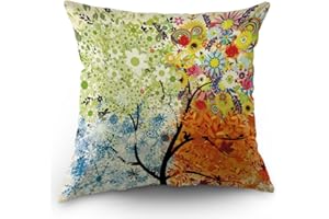 Moslion Tree Pillow Case Four Seasons Spring Summer Autumn Winter Art Tree Throw Pillow Case 18" x 18" Inch Cotton Linen Cushion Cover for Men Women Orange Blue Green Yellow