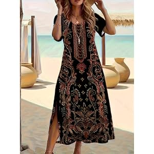 Women Round Neck Short Sleeve Boho Ethnic Floral Print Side Split Loose Midi Casual Dress