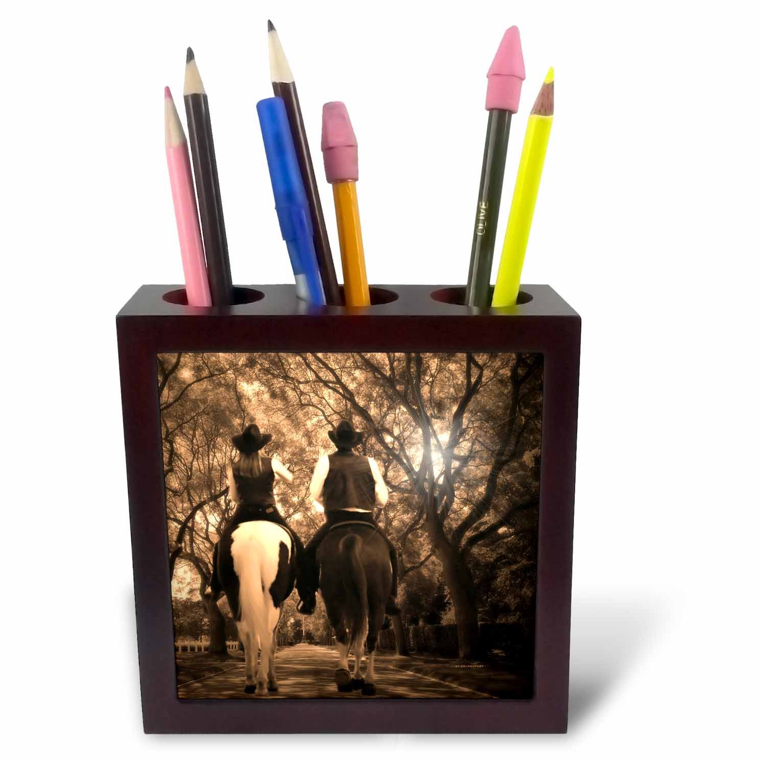 3dRose ph_52251_1 5-Inch "Horseback Riding at Sunrise" Tile Pen Holder