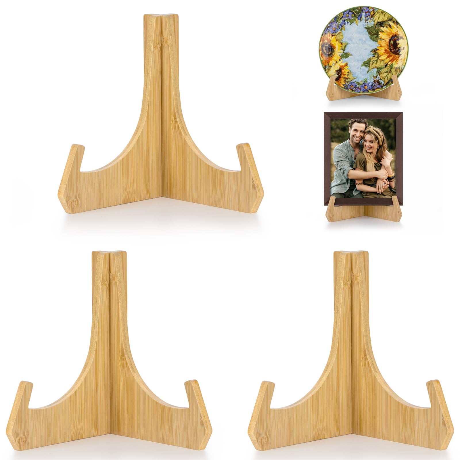 ANBOXIT Plate Stands for Display, 8 Inch Plate Holders for Displaying, Bamboo Picture Frame Holder for Tables, Tabletop Easels, Decorative Stand for Platter, Dish, Book, Photo and Plaque (3 Pack)