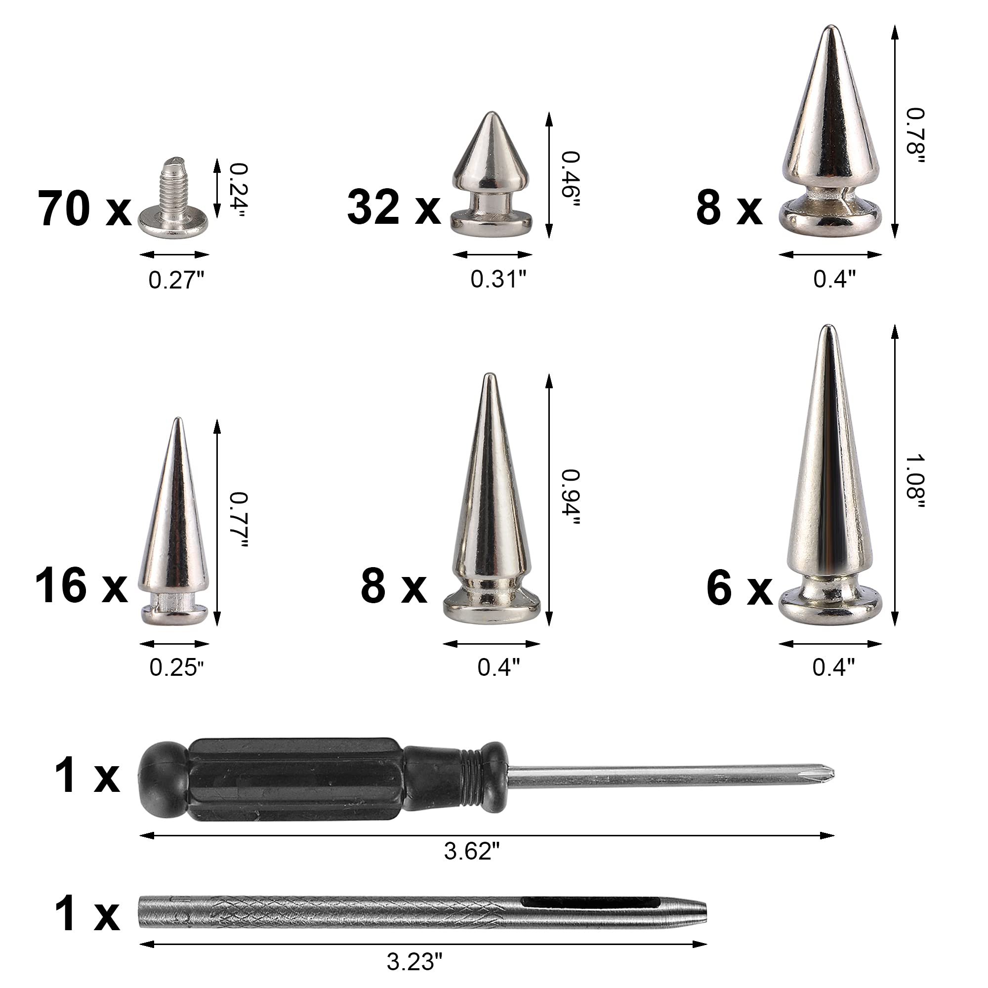 YORANYO 70 Sets Mixed Shape Spikes and Studs Assorted Sizes for Clothing - Silver Color Screw Back Bullet Tree Rivet for Leather Craft, Shoes, Belts, Bags, Dog Collars