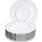 Baroque Collection Plastic Plates with Silver Scalloped Rim - (Pack of 10) - Perfect for Weddings, & Special Events (White, Salad Plates)