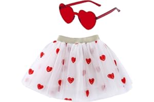 HMXPLS Girls Tulle Tutu Skirt with Heart Embroidery, Girls Red Heart Skirt with Sunglasses