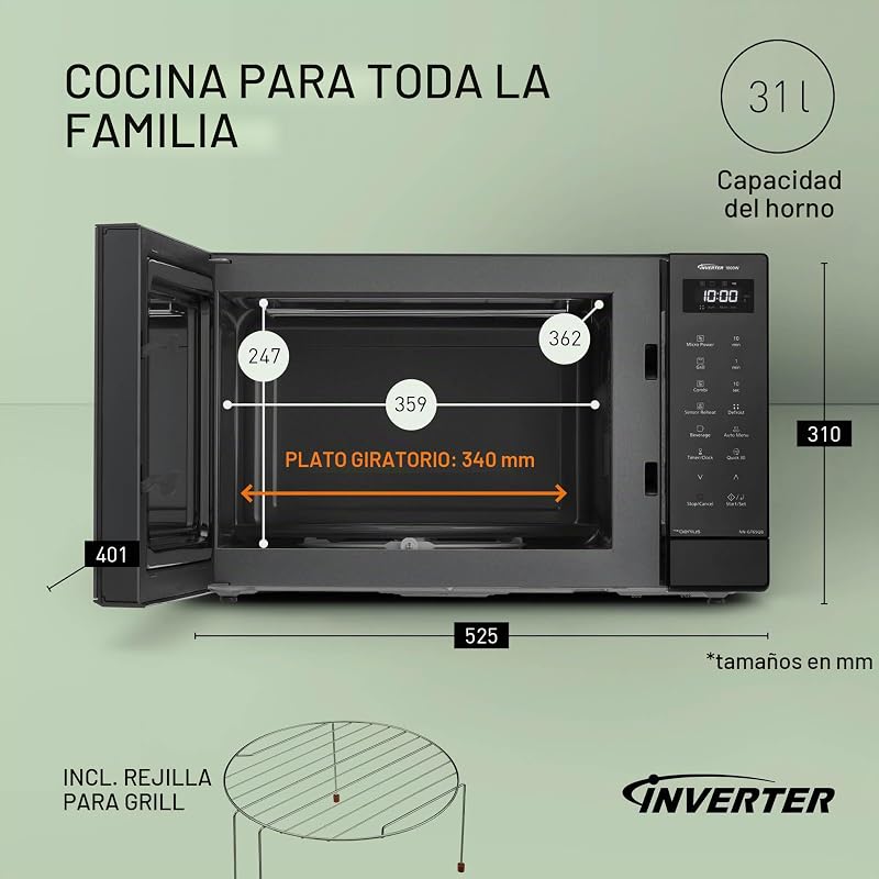 NN-GT65QBEPG 31 L Forno Micro-ondas combinado com grelhador, 1000 W, cozedura combinada, 7 níveis de potência, descongelação turbo, LED, placa giratória, preto