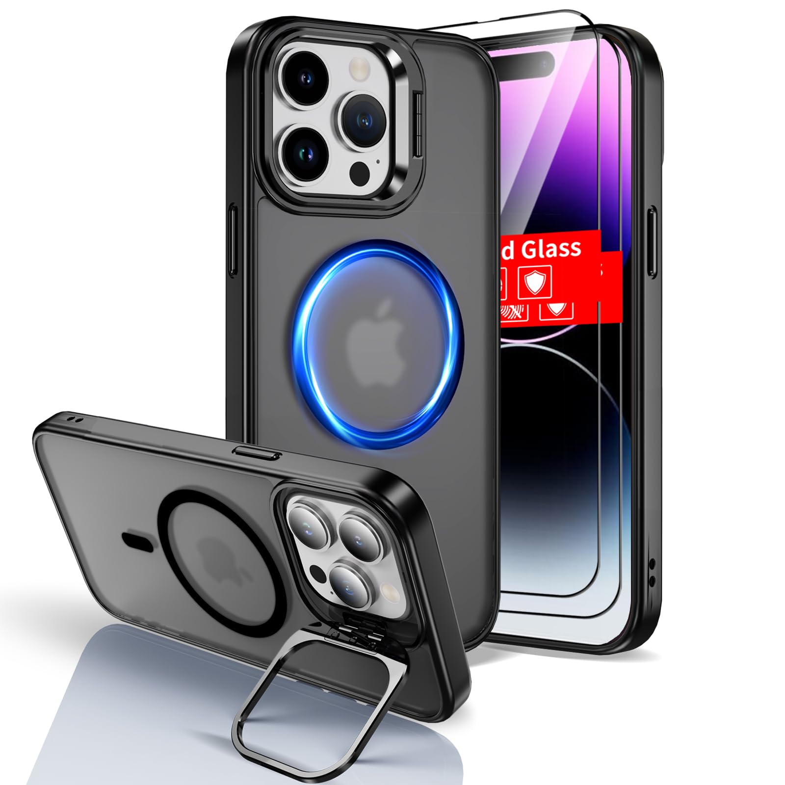 THBONRA for iPhone 14 Pro Max Case Magnetic Compatible with MagSafe Wireless Charging,with 2 Screen Protectors,Built-in Camera Ring Kickstand,Military-Grade Protection Shockproof Drop Resistant,Black